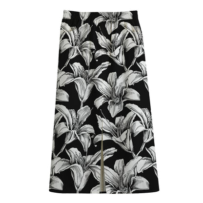 Black And White Lily Pattern Print Cotton Front Slit Maxi Skirt