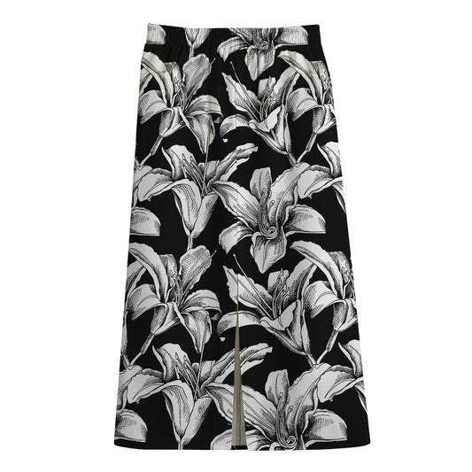 Black And White Lily Pattern Print Cotton Front Slit Maxi Skirt