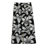Black And White Lily Pattern Print Cotton Front Slit Maxi Skirt