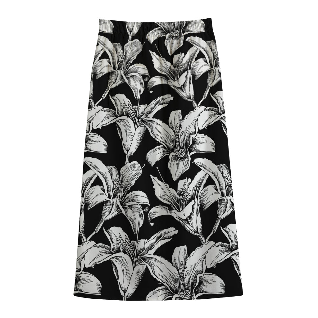 Black And White Lily Pattern Print Cotton Front Slit Maxi Skirt