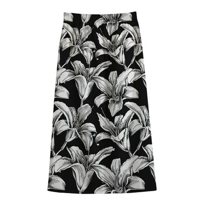 Black And White Lily Pattern Print Cotton Front Slit Maxi Skirt