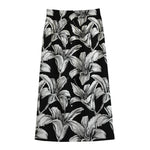 Black And White Lily Pattern Print Cotton Front Slit Maxi Skirt