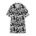 Black And White Lily Pattern Print Cotton Hawaiian Shirt