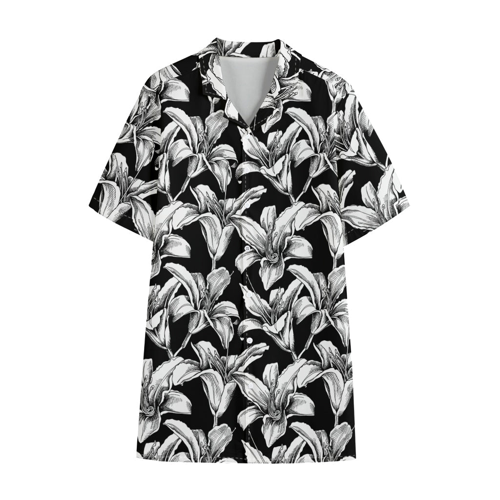 Black And White Lily Pattern Print Cotton Hawaiian Shirt