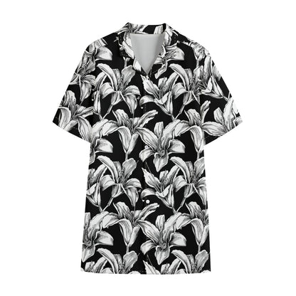 Black And White Lily Pattern Print Cotton Hawaiian Shirt