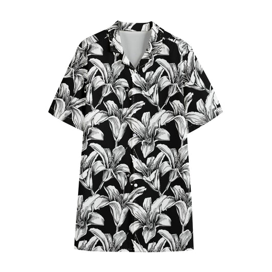 Black And White Lily Pattern Print Cotton Hawaiian Shirt
