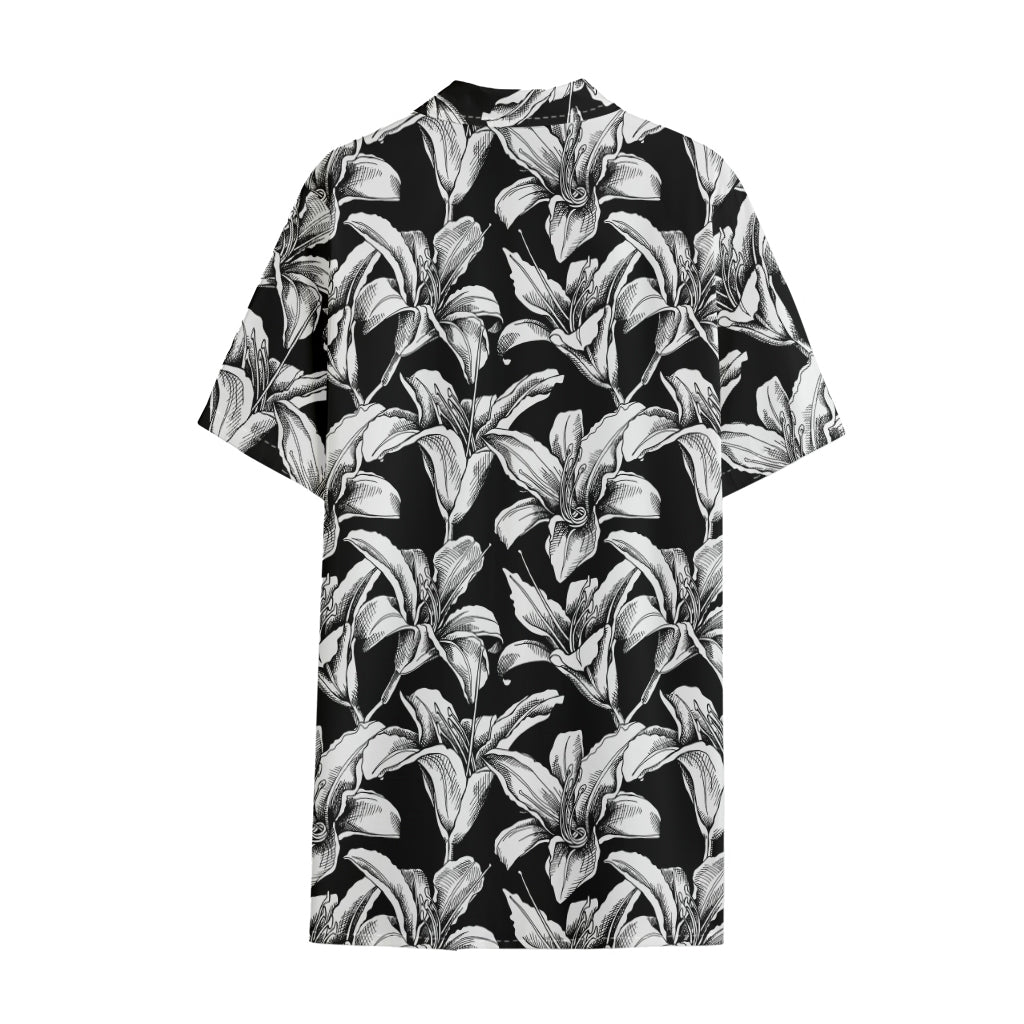 Black And White Lily Pattern Print Cotton Hawaiian Shirt