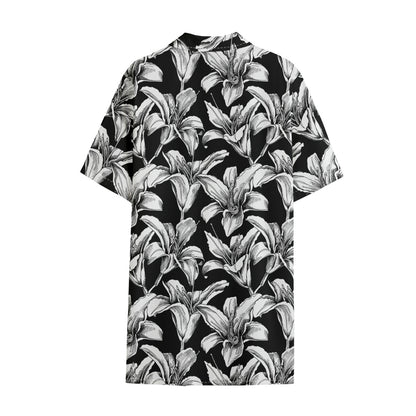 Black And White Lily Pattern Print Cotton Hawaiian Shirt