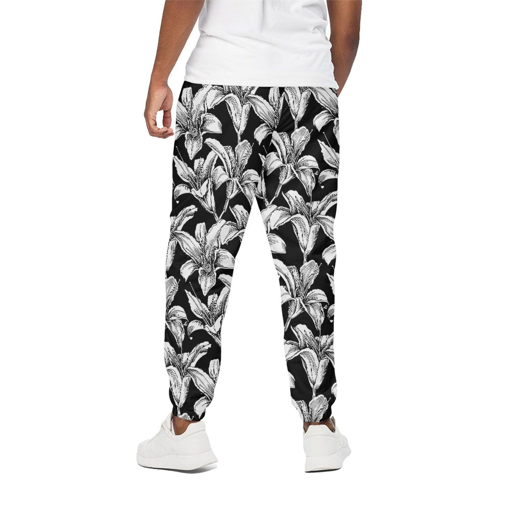 Black And White Lily Pattern Print Cotton Pants