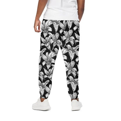 Black And White Lily Pattern Print Cotton Pants