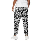 Black And White Lily Pattern Print Cotton Pants