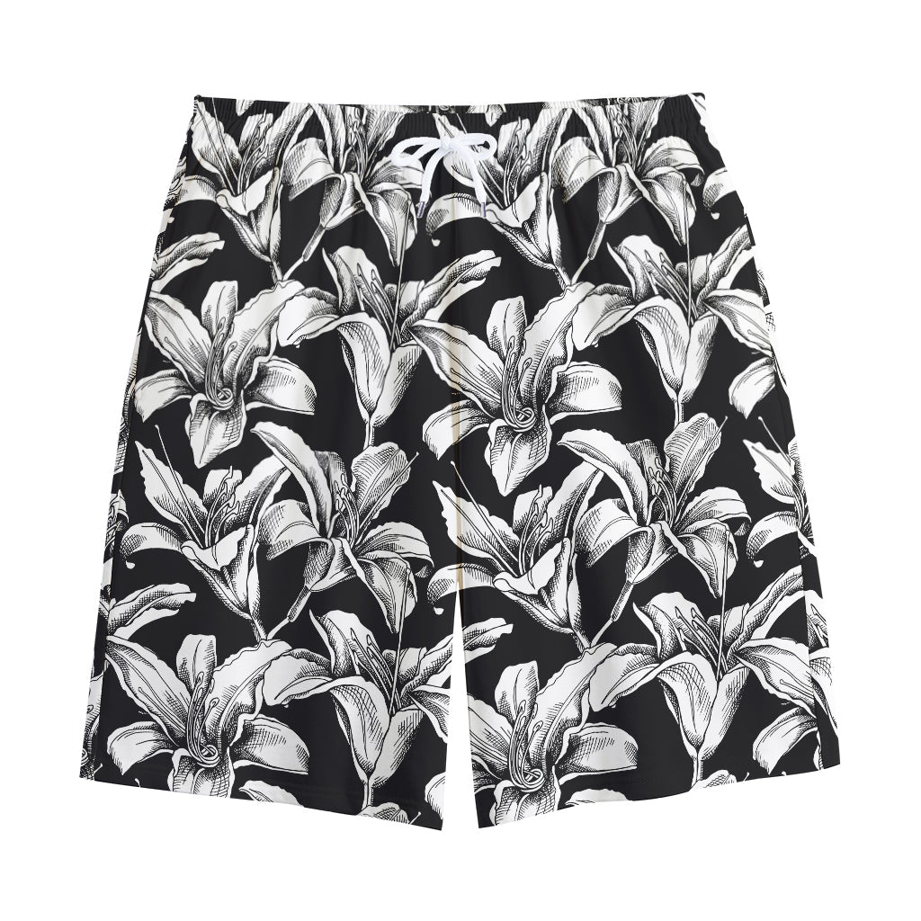 Black And White Lily Pattern Print Cotton Shorts