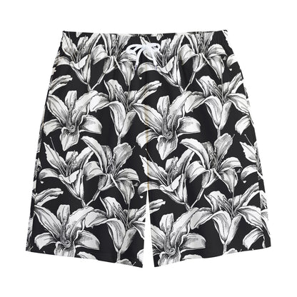 Black And White Lily Pattern Print Cotton Shorts