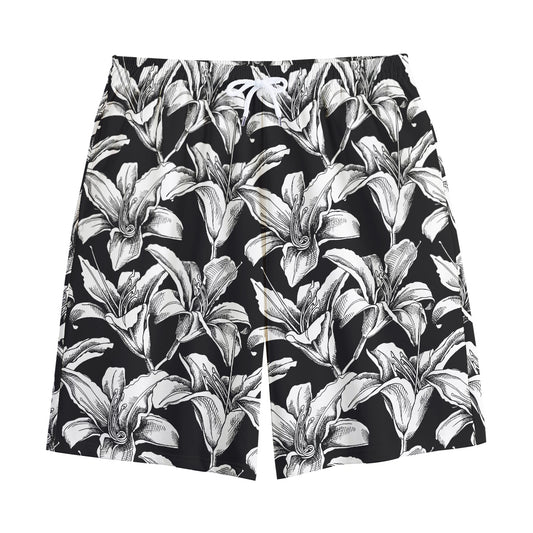 Black And White Lily Pattern Print Cotton Shorts