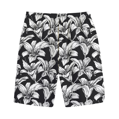 Black And White Lily Pattern Print Cotton Shorts