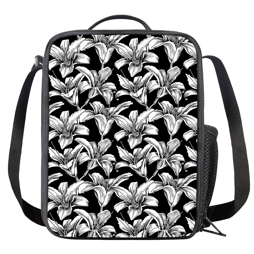 Black And White Lily Pattern Print Crossbody Lunch Bag