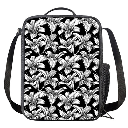 Black And White Lily Pattern Print Crossbody Lunch Bag