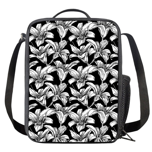 Black And White Lily Pattern Print Crossbody Lunch Bag