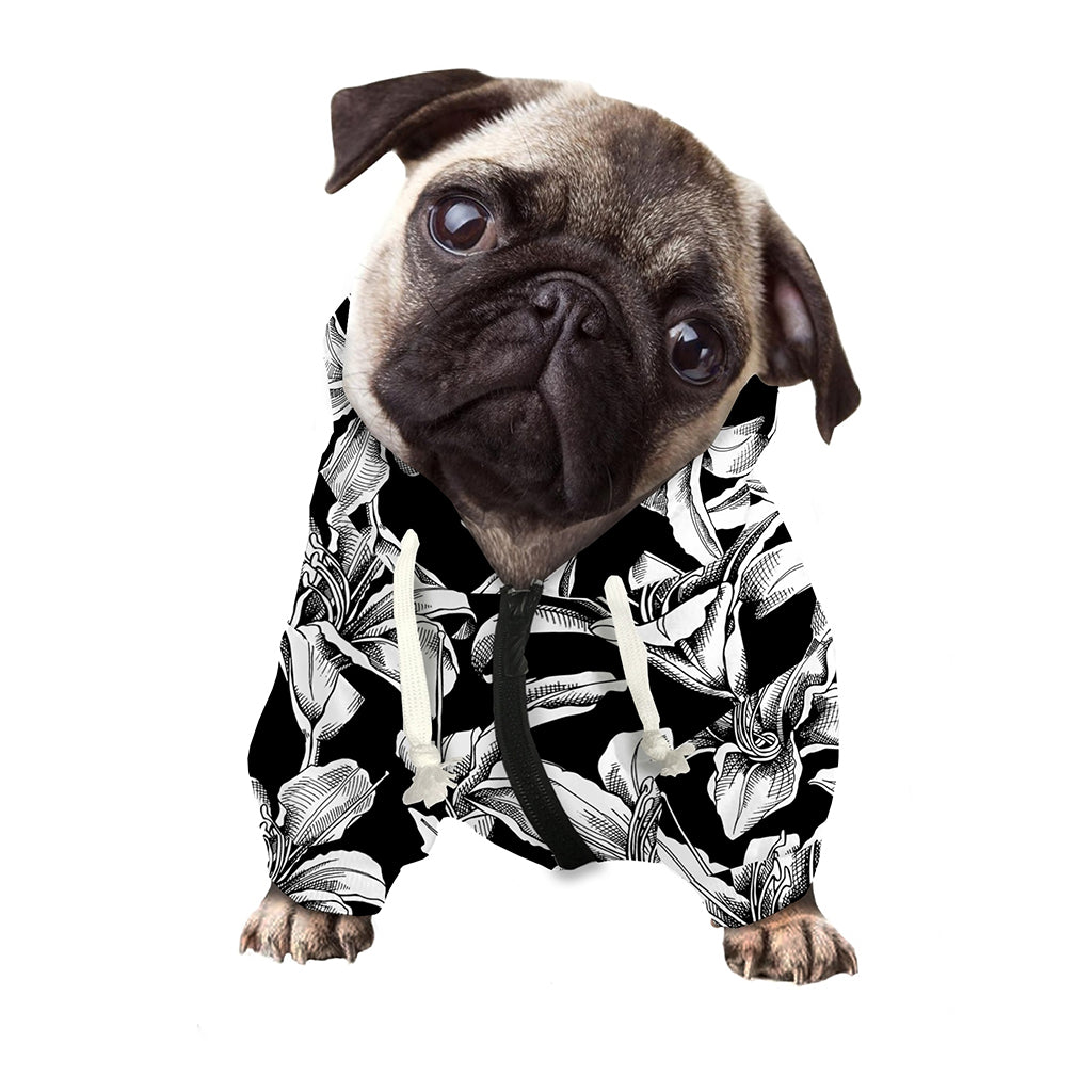 Black And White Lily Pattern Print Dog Zip Up Hoodie