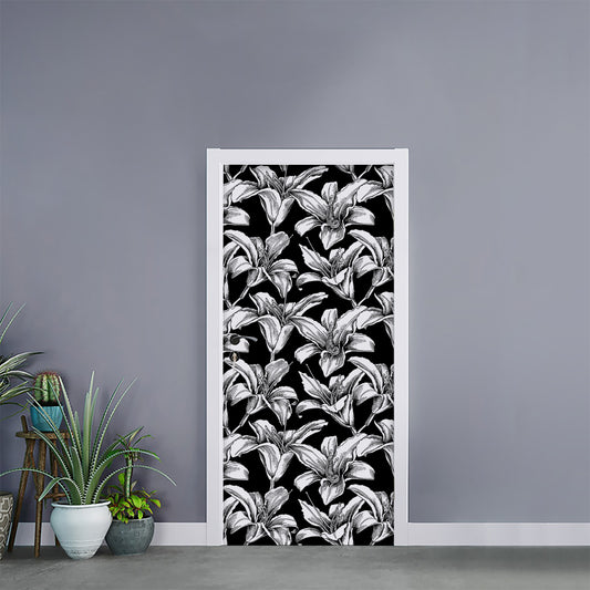 Black And White Lily Pattern Print Door Sticker