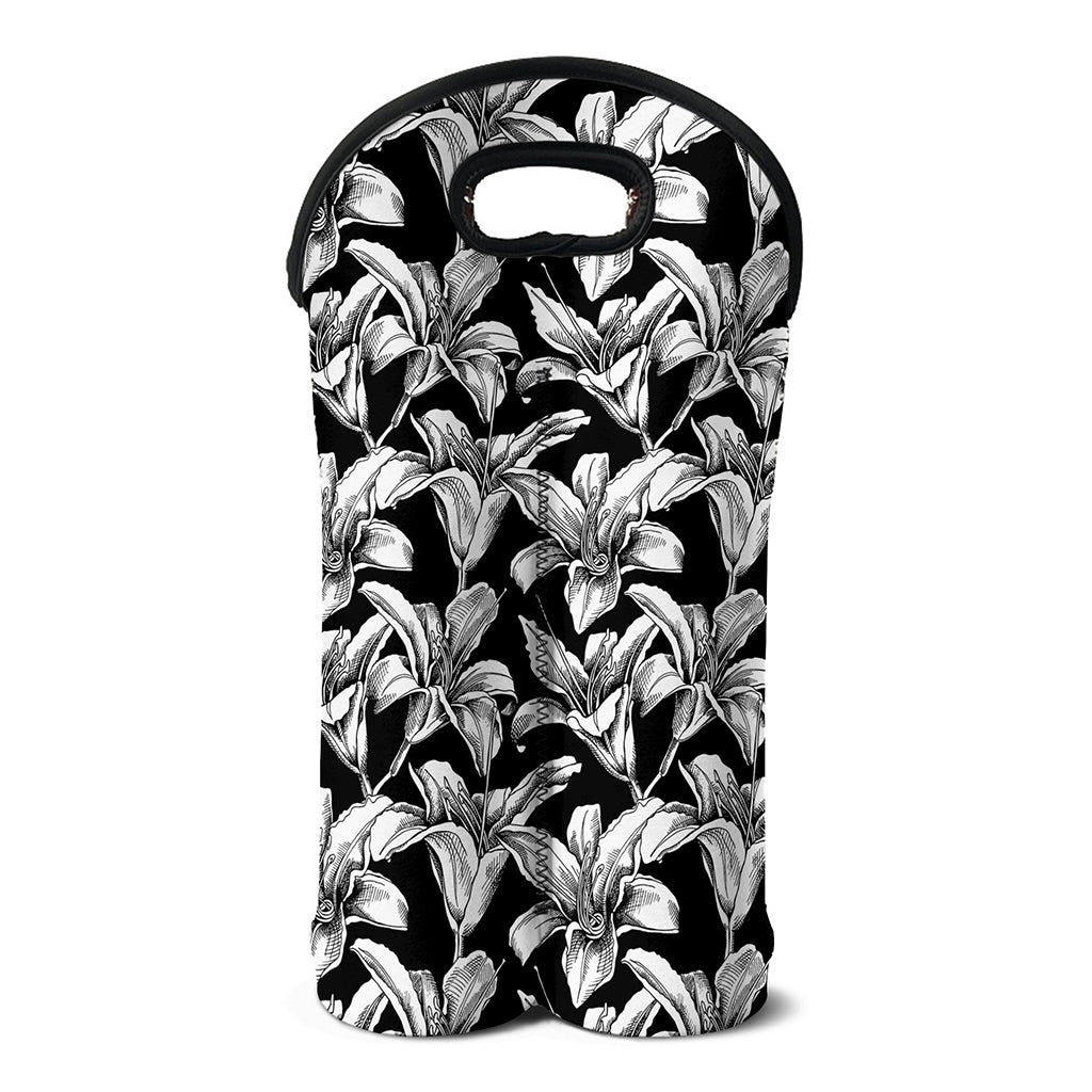 Black And White Lily Pattern Print Double Neoprene Wine Tote