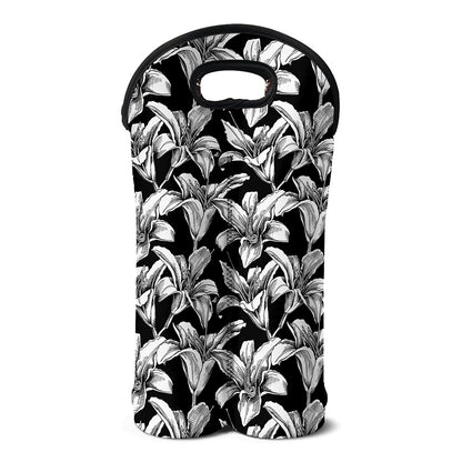 Black And White Lily Pattern Print Double Neoprene Wine Tote