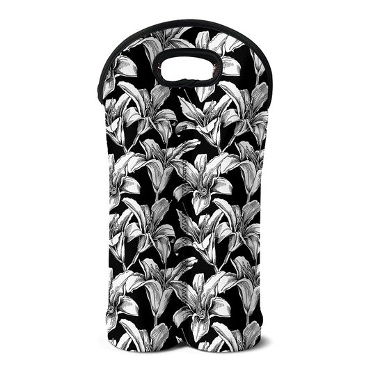 Black And White Lily Pattern Print Double Neoprene Wine Tote