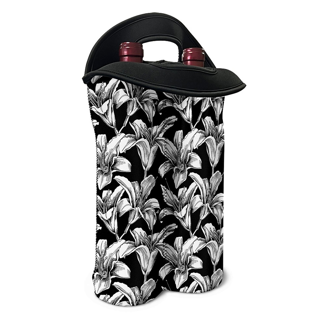 Black And White Lily Pattern Print Double Neoprene Wine Tote