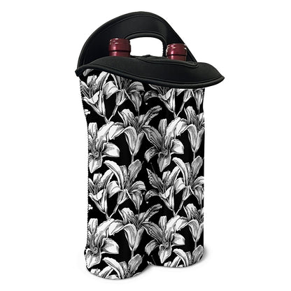 Black And White Lily Pattern Print Double Neoprene Wine Tote