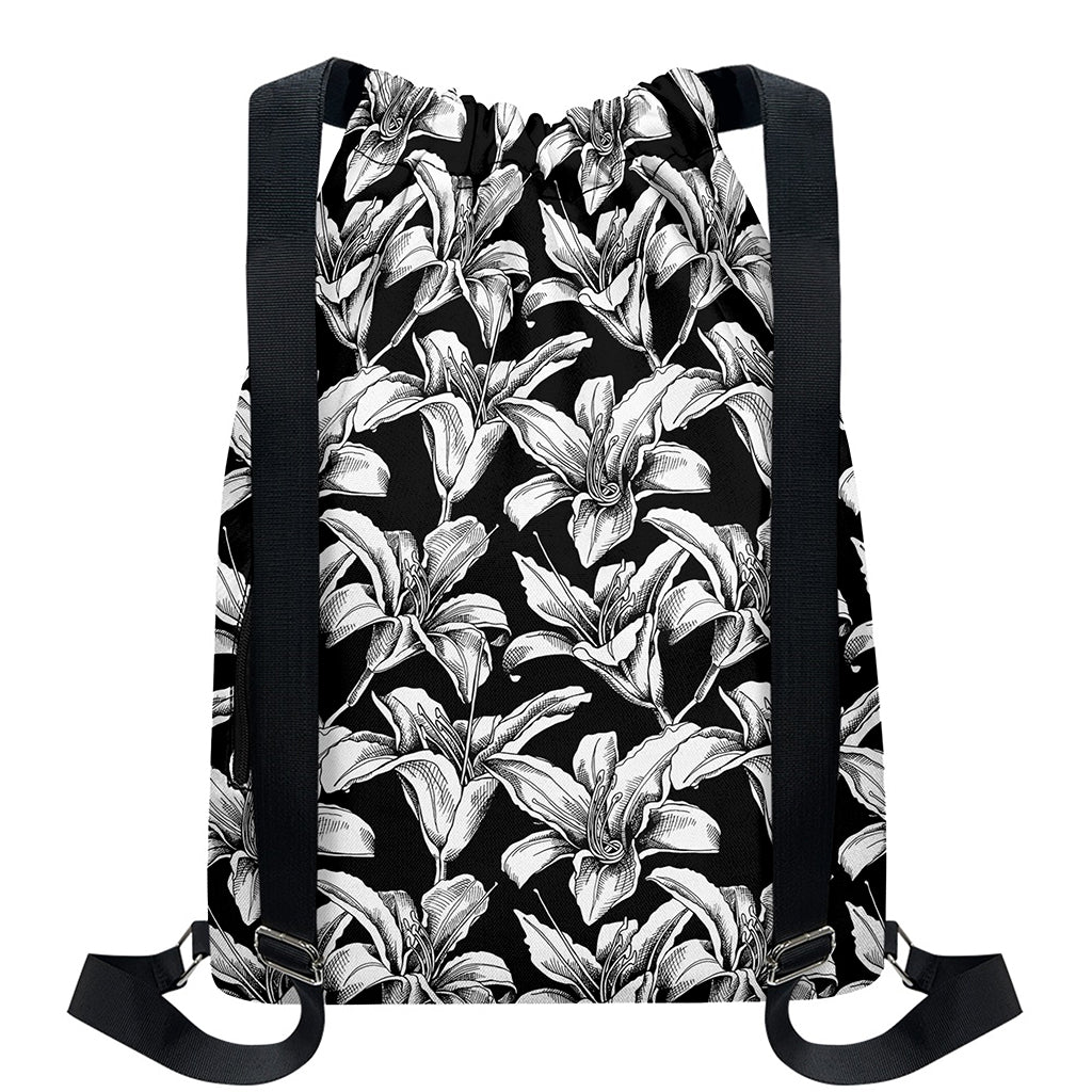Black And White Lily Pattern Print Drawstring Backpack
