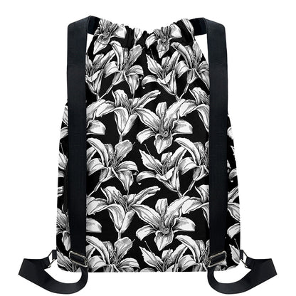 Black And White Lily Pattern Print Drawstring Backpack