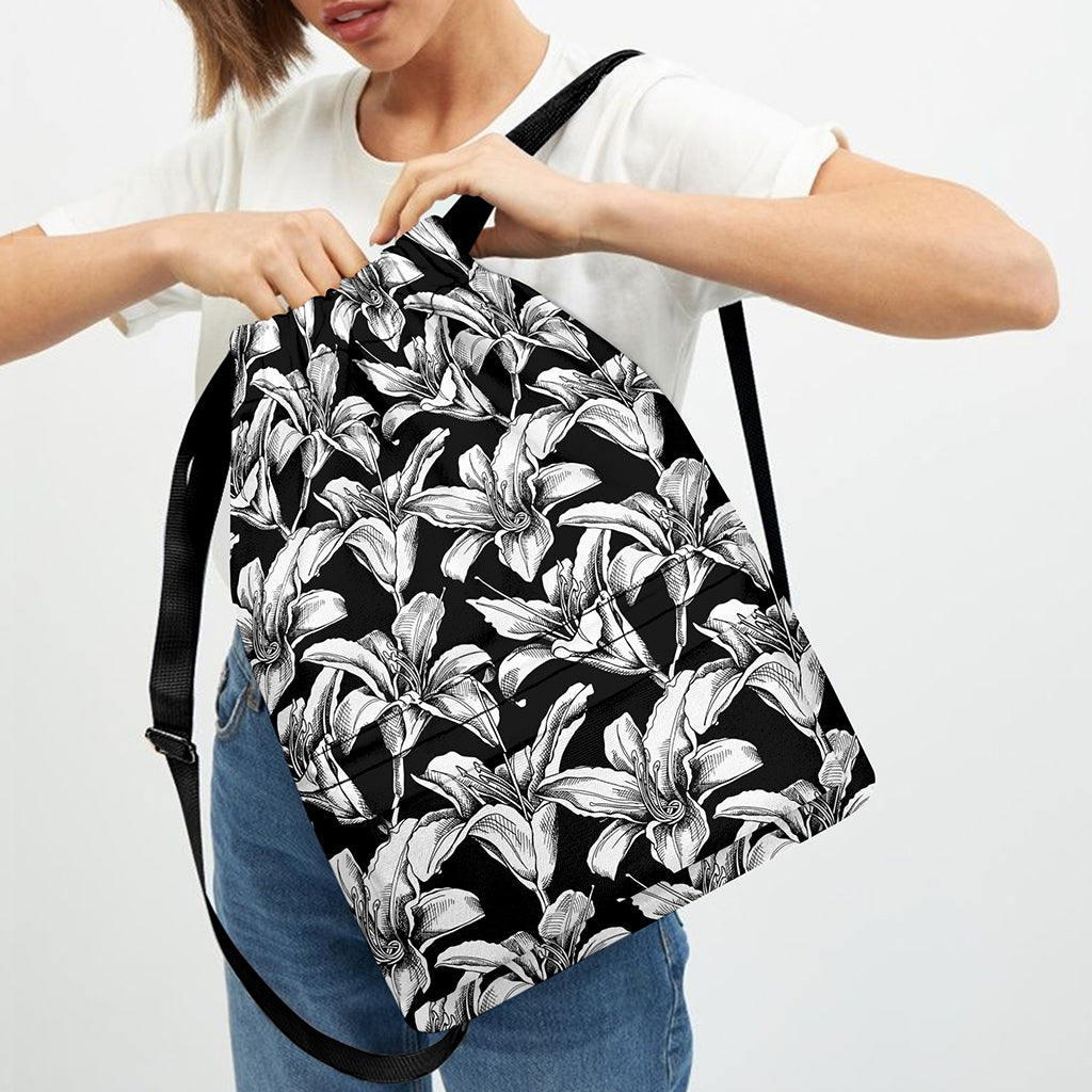 Black And White Lily Pattern Print Drawstring Backpack