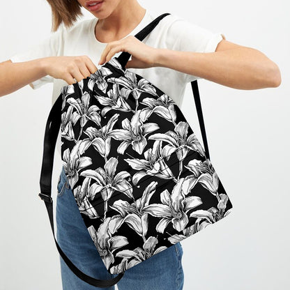 Black And White Lily Pattern Print Drawstring Backpack