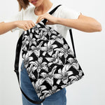 Black And White Lily Pattern Print Drawstring Backpack
