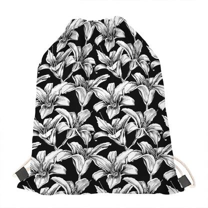 Black And White Lily Pattern Print Drawstring Bag