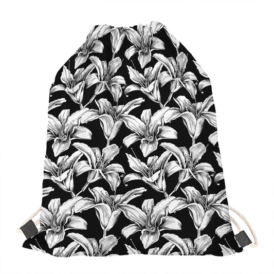 Black And White Lily Pattern Print Drawstring Bag