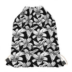 Black And White Lily Pattern Print Drawstring Bag