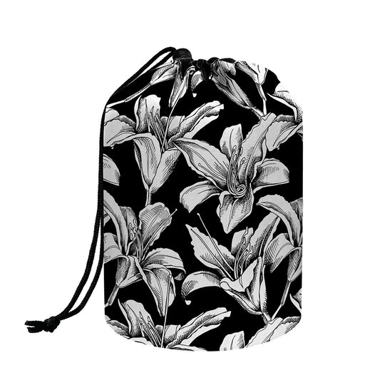 Black And White Lily Pattern Print Drawstring Makeup Bag