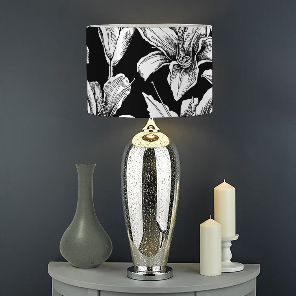 Black And White Lily Pattern Print Drum Lamp Shade