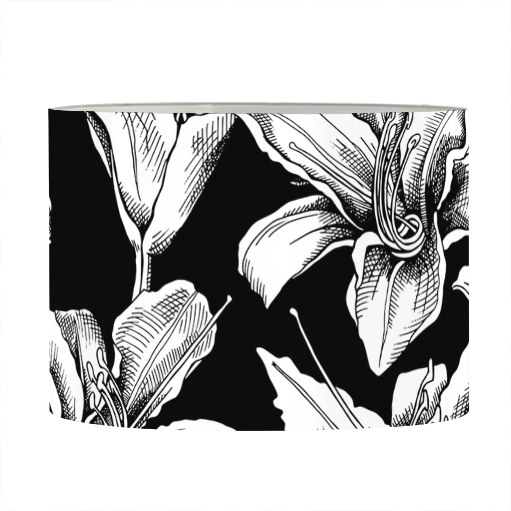 Black And White Lily Pattern Print Drum Lamp Shade