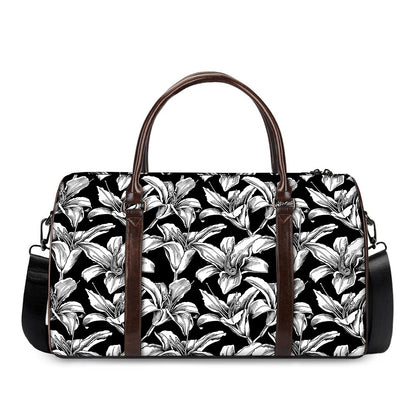 Black And White Lily Pattern Print Duffle Bag