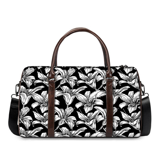 Black And White Lily Pattern Print Duffle Bag