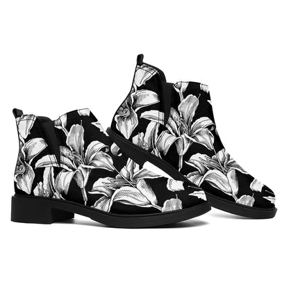 Black And White Lily Pattern Print Flat Ankle Boots
