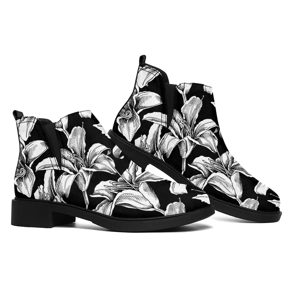 Black And White Lily Pattern Print Flat Ankle Boots
