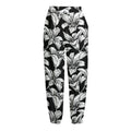Black And White Lily Pattern Print Fleece Lined Knit Pants