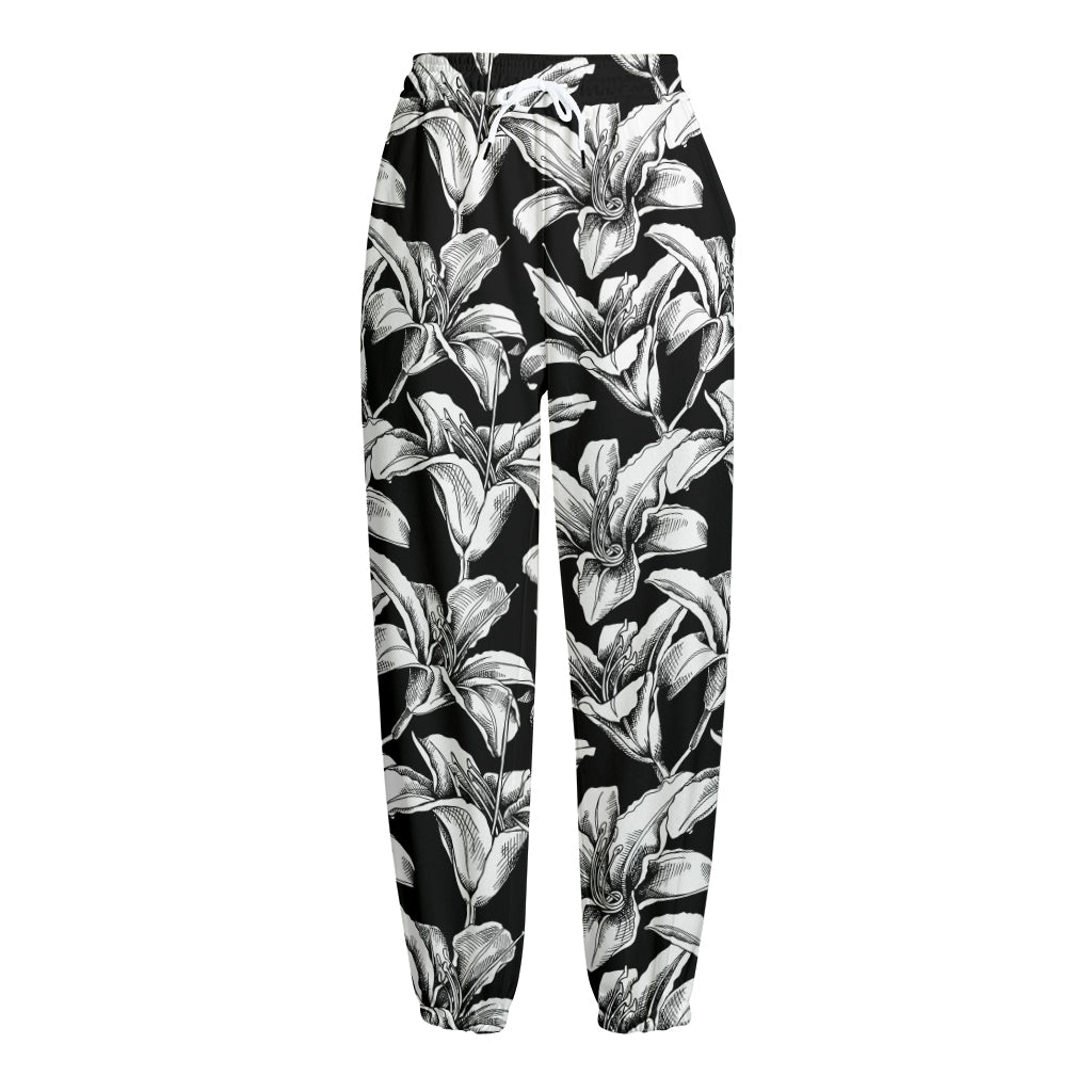 Black And White Lily Pattern Print Fleece Lined Knit Pants