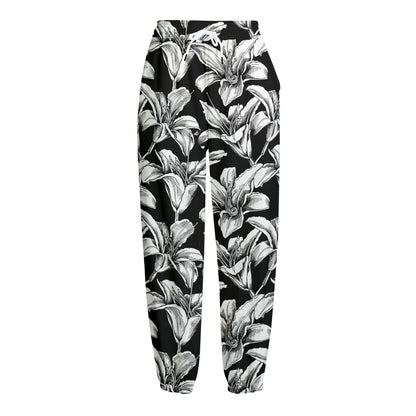 Black And White Lily Pattern Print Fleece Lined Knit Pants