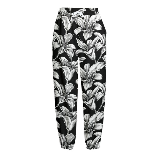 Black And White Lily Pattern Print Fleece Lined Knit Pants