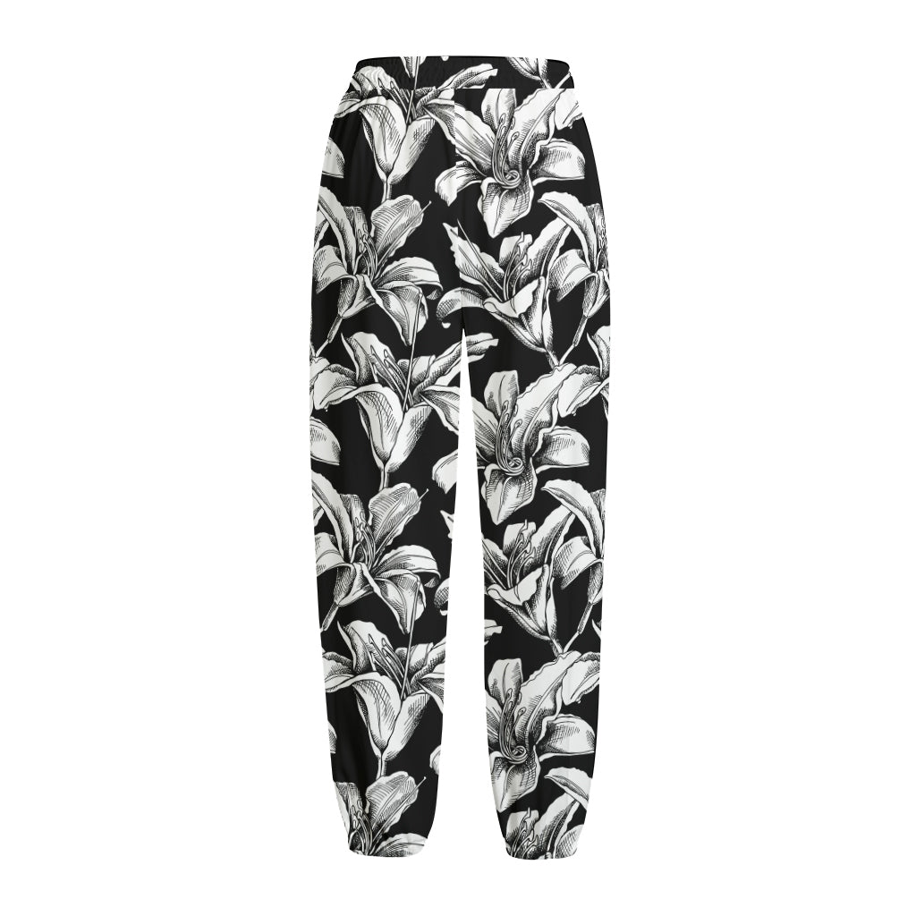Black And White Lily Pattern Print Fleece Lined Knit Pants