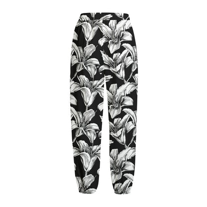 Black And White Lily Pattern Print Fleece Lined Knit Pants